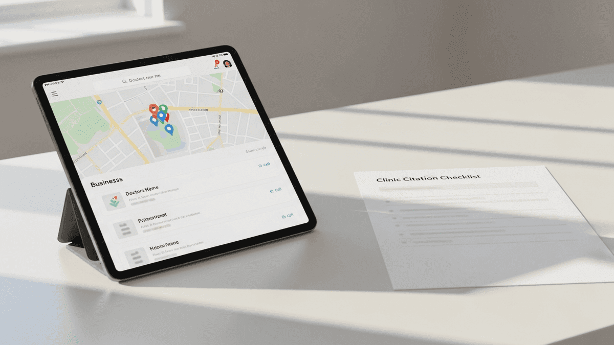 Map pack search results mockup on tablet beside clinic citation checklist at a physician reception desk