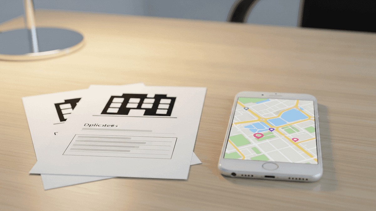 Google Maps listing beside duplicate clinic address printouts on a physician office desk
