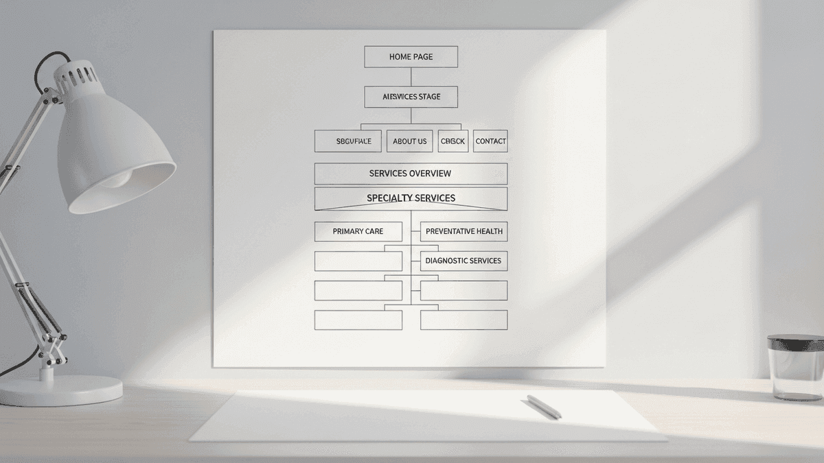 Website sitemap wireframe sketch for medical practice service pages on a physician desk