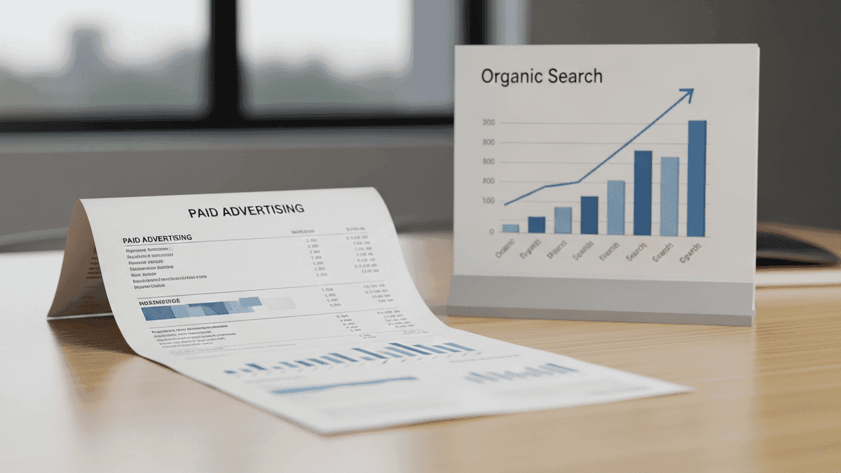 Desk comparison of paid advertising invoice beside organic search growth chart at a medical practice office