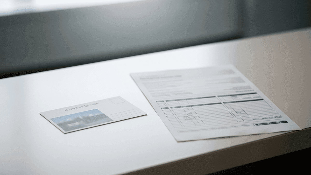 Unverified Google postcard beside full appointment schedule printout on a physician clinic front desk