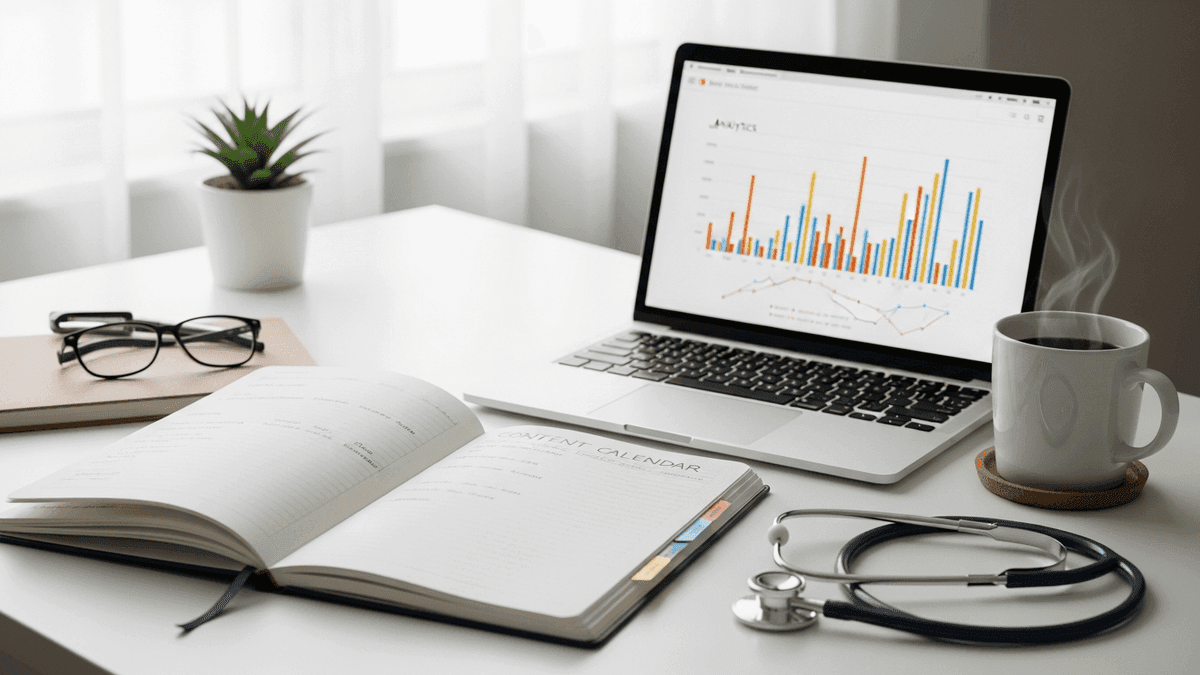 Content calendar and analytics on a desk in a family medicine clinic office