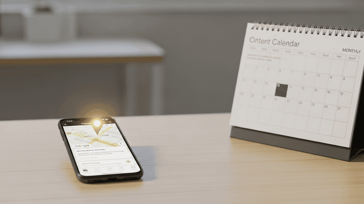 Google Maps listing beside a monthly content calendar on a clinic desk