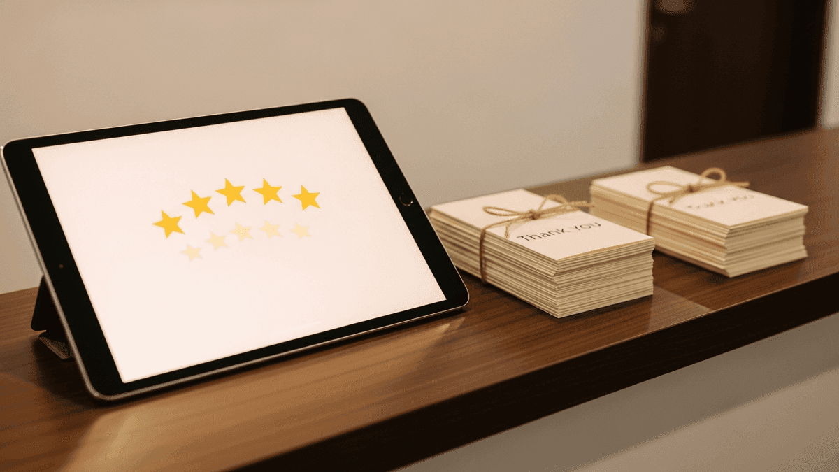 Five-star review display on a tablet at a family medicine reception desk