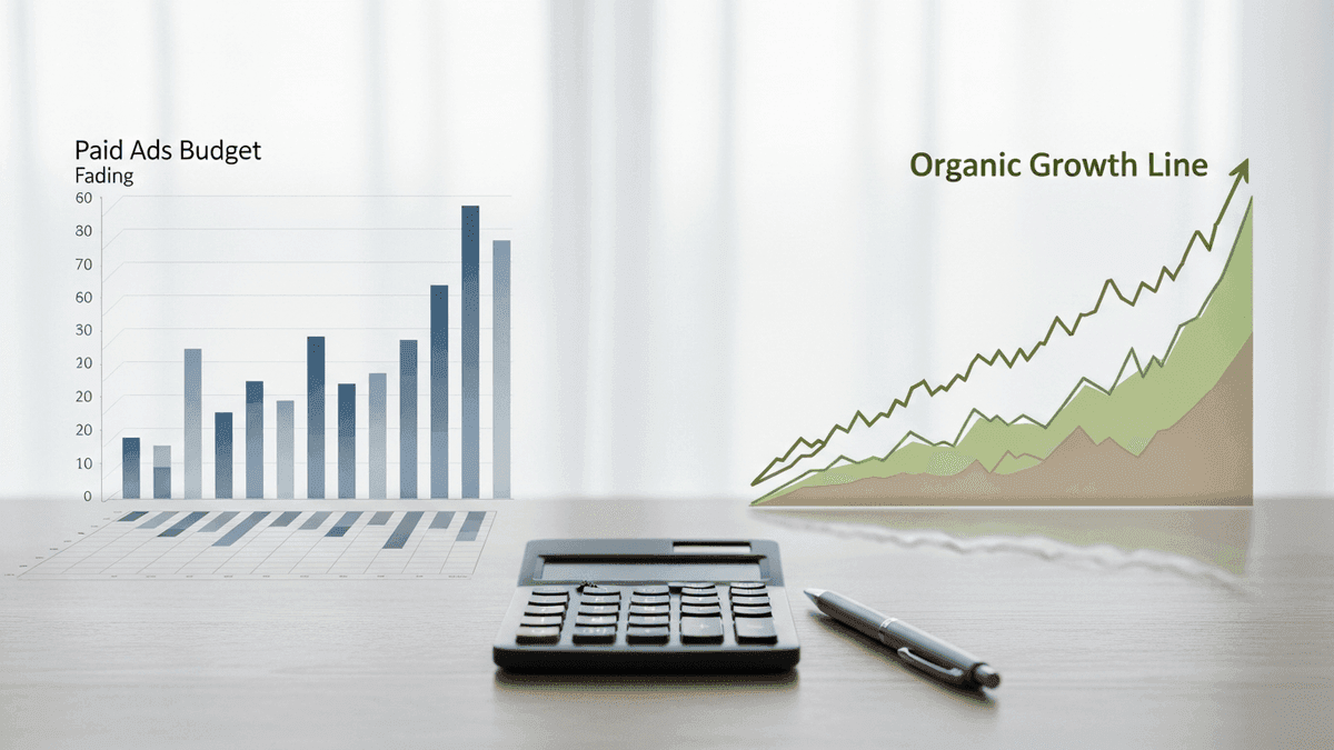 Desk comparison of paid advertising budget versus organic growth trend