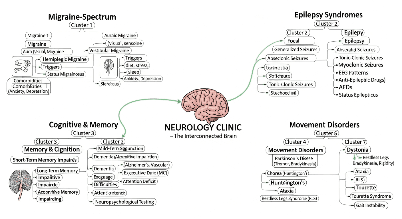 Topic clusters for migraine epilepsy memory and movement disorders on a neurology clinic whiteboard