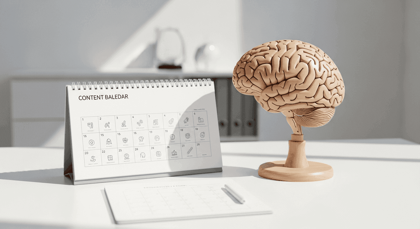 Content calendar and brain anatomy model on a neurology clinic desk