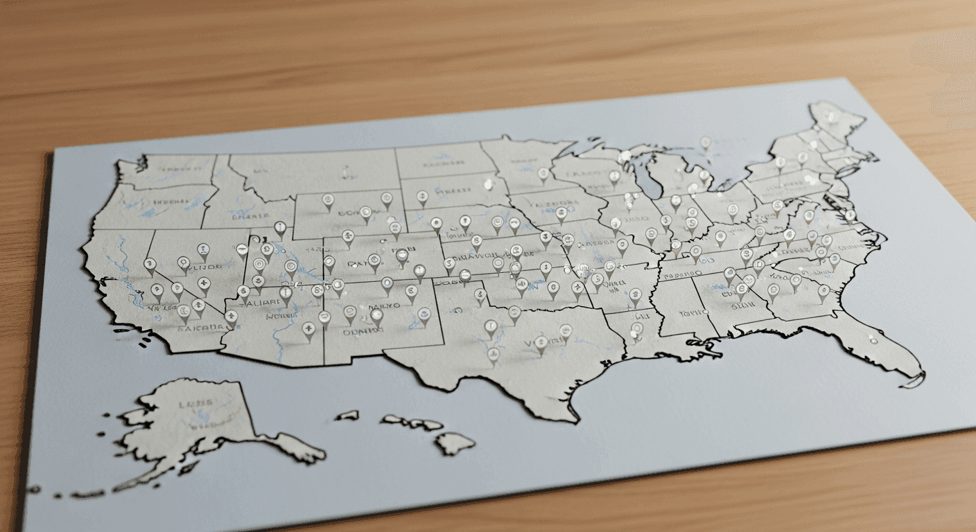 United States map with neurology clinic location pins across multiple metro areas
