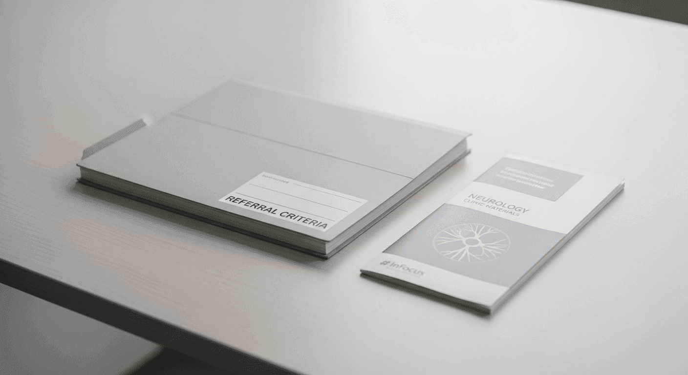 Referral criteria document beside neurology clinic materials on a physician desk