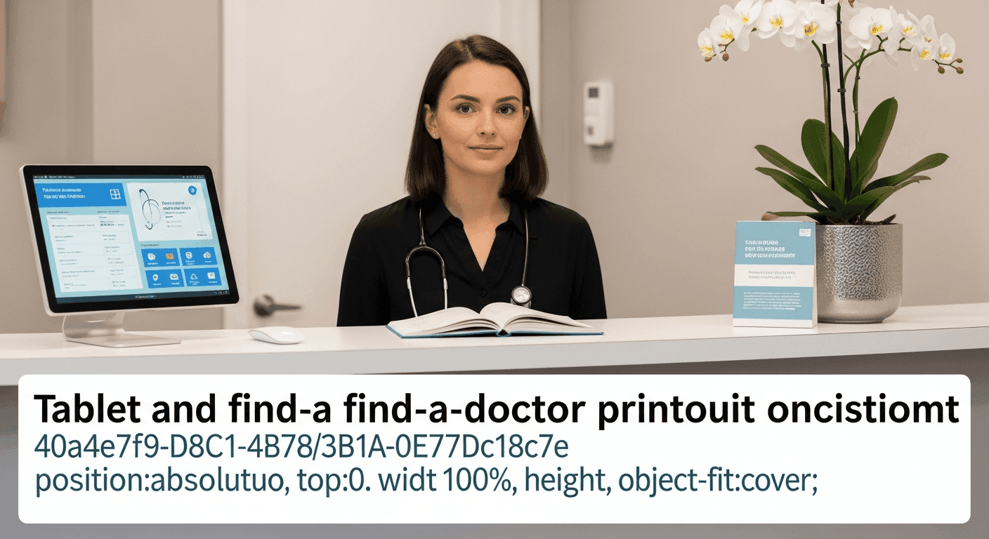 Five-star review display on a tablet beside hospital find-a-doctor printout at neurology reception
