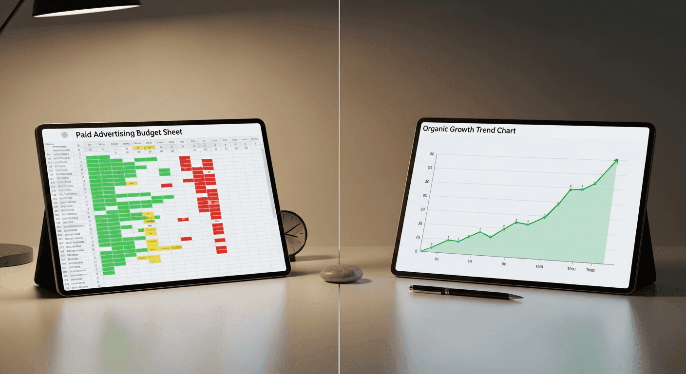 Desk comparison of paid advertising budget versus organic growth trend in a neurology office