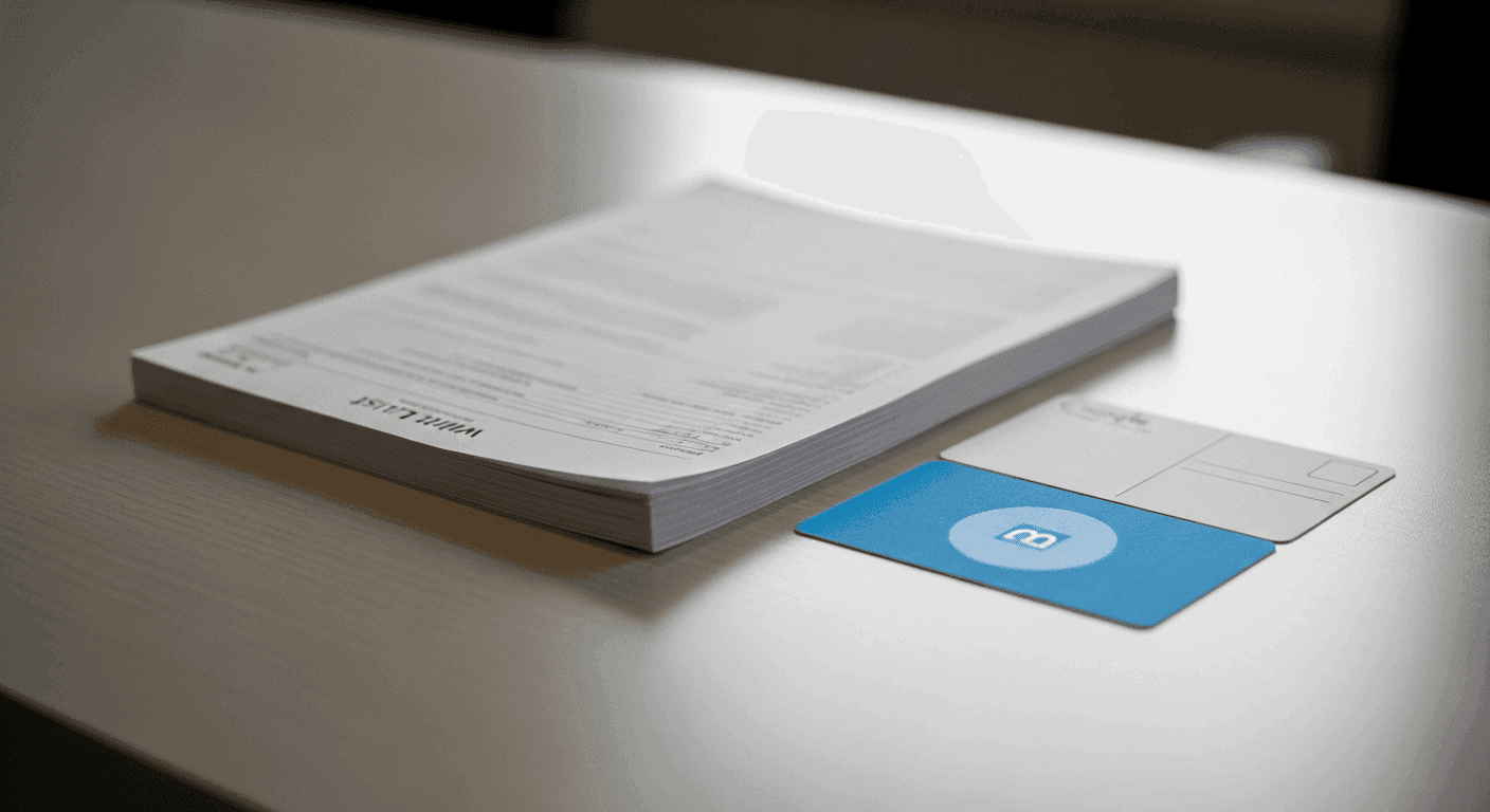 Full new-patient wait list beside unverified Google postcard on a neurology clinic front desk