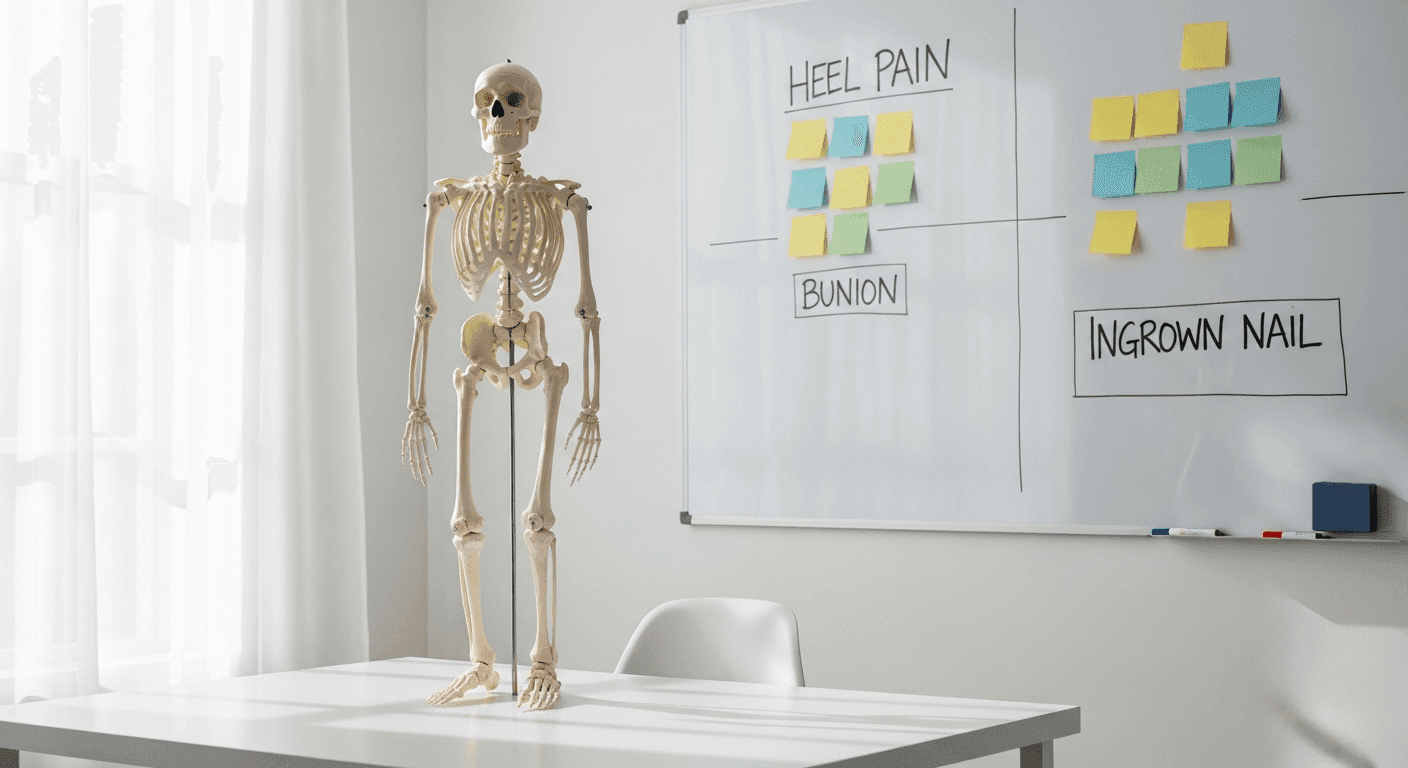 Topic clusters for heel pain bunions and ingrown nails on a podiatry clinic whiteboard
