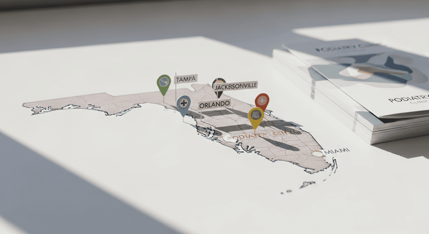 Florida map with podiatry clinic location pins in Miami Tampa Orlando and Jacksonville