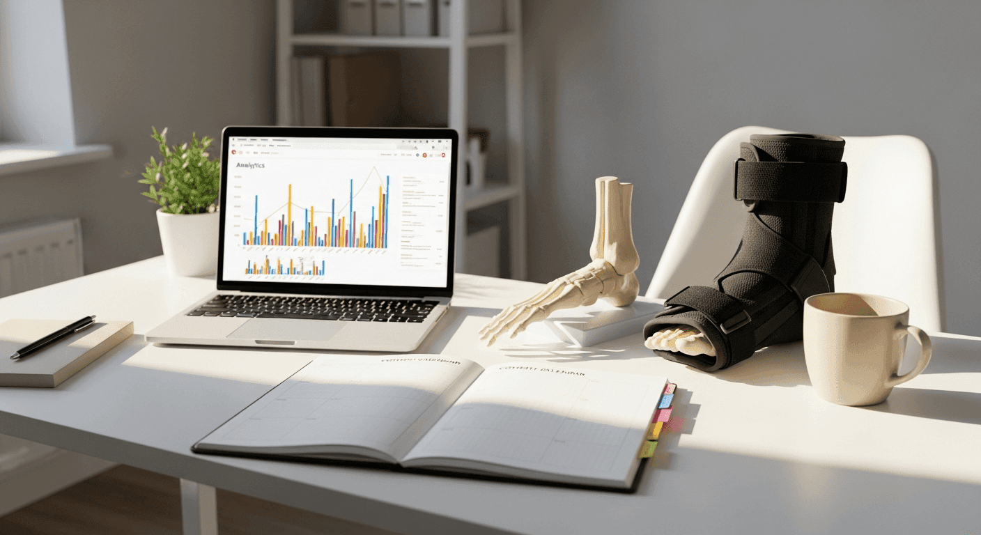 Content calendar and foot anatomy model on a podiatry clinic desk