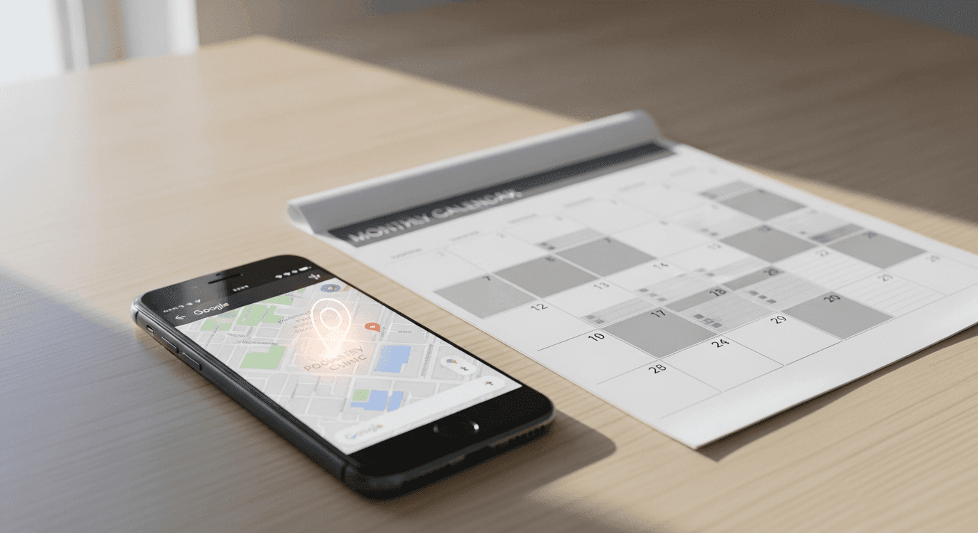 Google Maps listing beside a monthly content calendar on a podiatry clinic desk