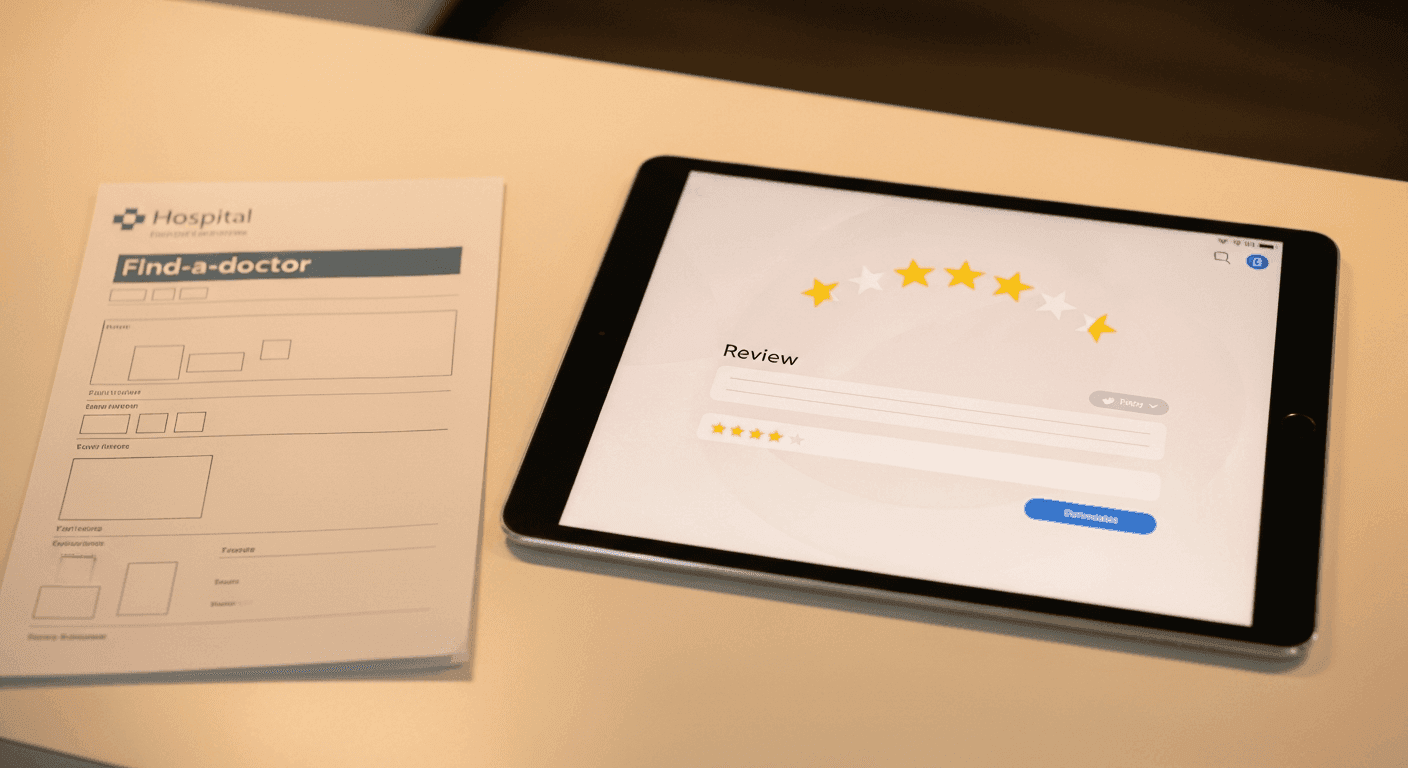 Five-star review display on a tablet beside hospital find-a-doctor printout at podiatry reception