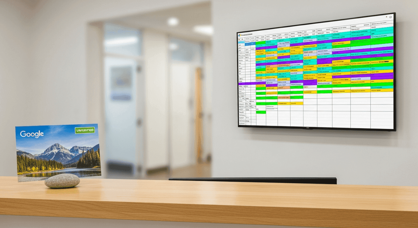 Full surgical schedule beside unverified Google postcard on a podiatry clinic front desk