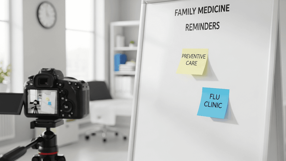 Whiteboard with preventive care reminders beside a camera on a tripod in a clinic