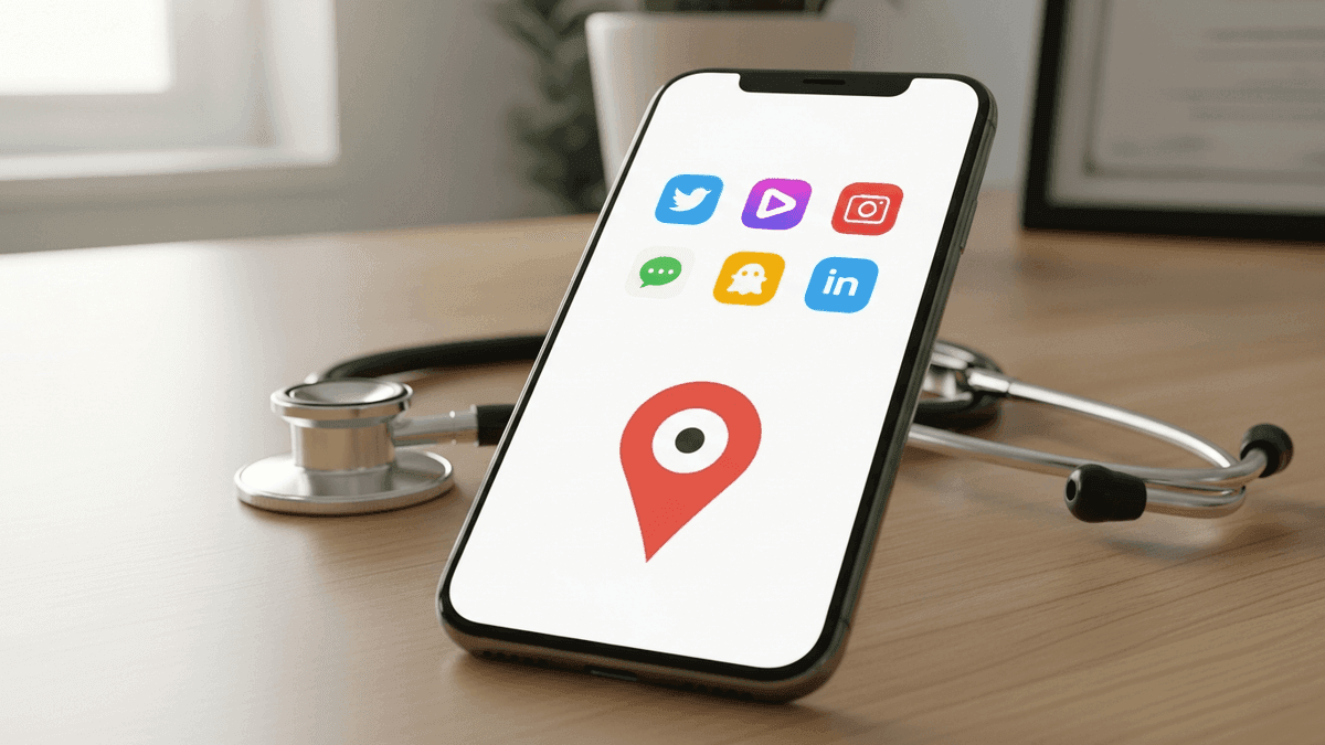 Smartphone with social apps beside Google Maps on a family medicine clinic desk