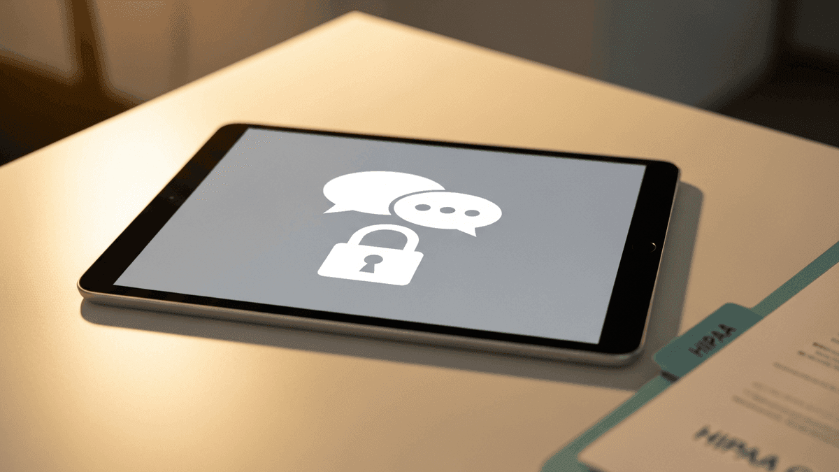 Tablet with comment and lock icons on a clinic desk near a compliance folder