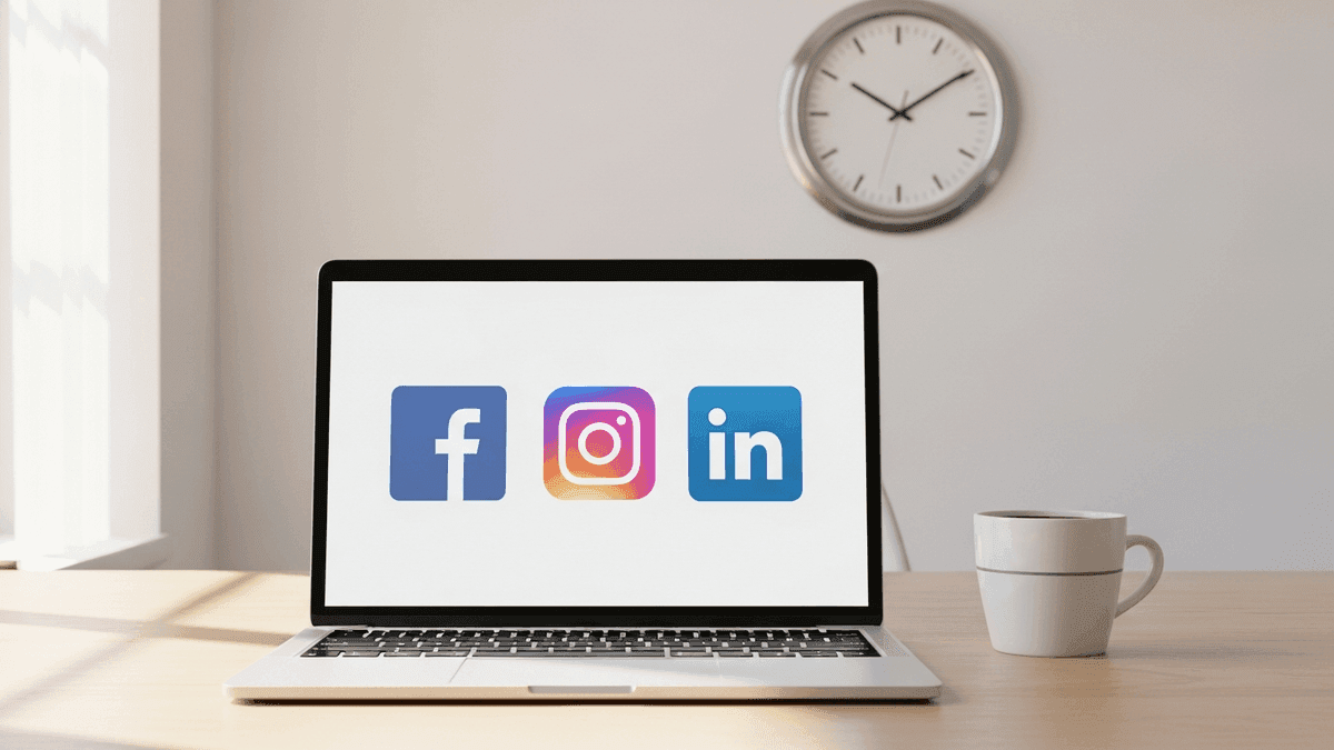 Laptop showing social platform icons on a primary care office desk with a wall clock