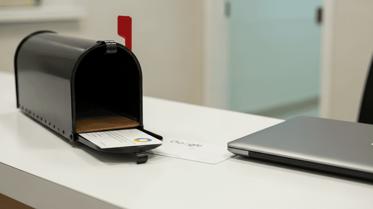 Google verification postcard beside a closed laptop on an empty clinic front desk