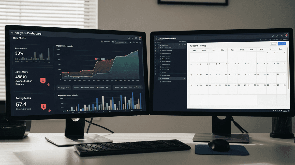 Engagement metrics on one monitor and appointment calendar on another at a clinic desk