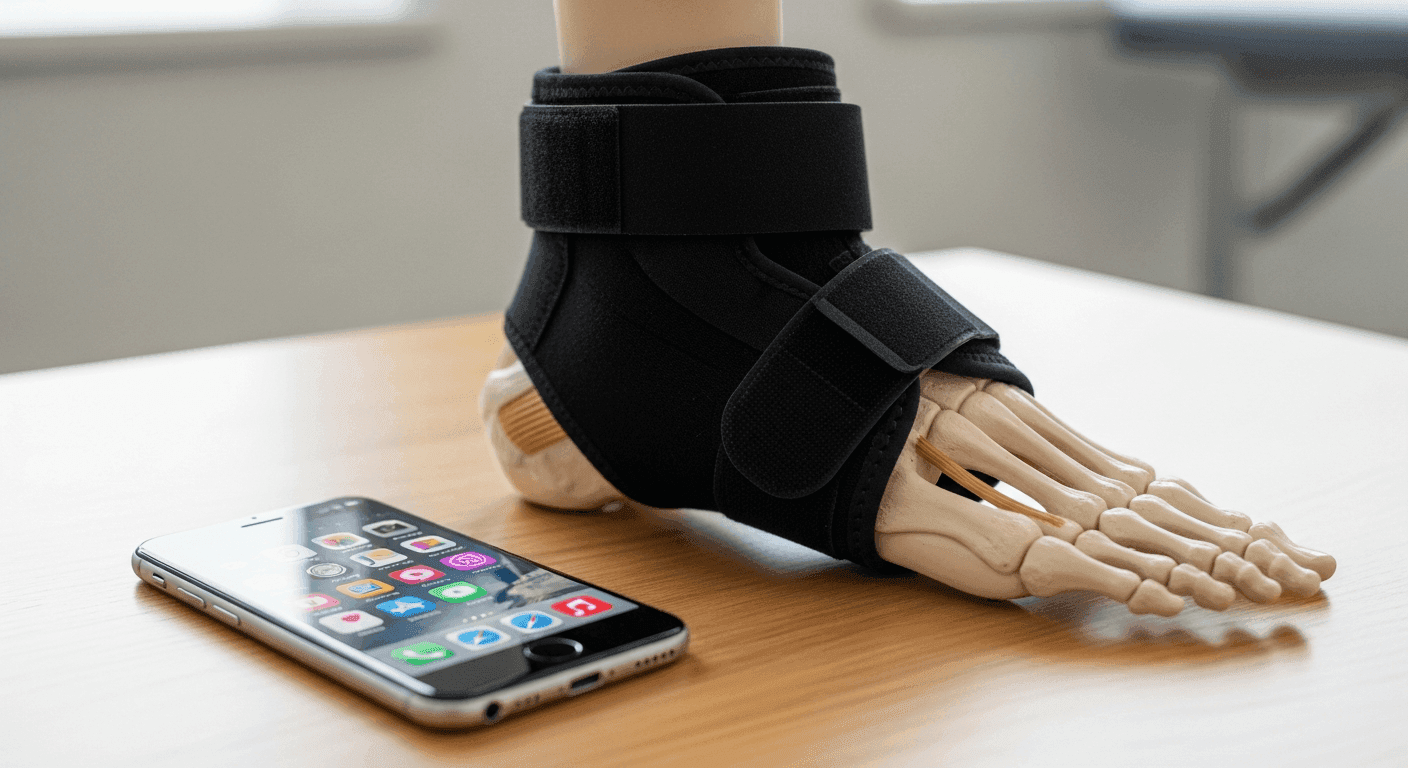 Smartphone with social apps beside foot anatomy model on a podiatry clinic desk