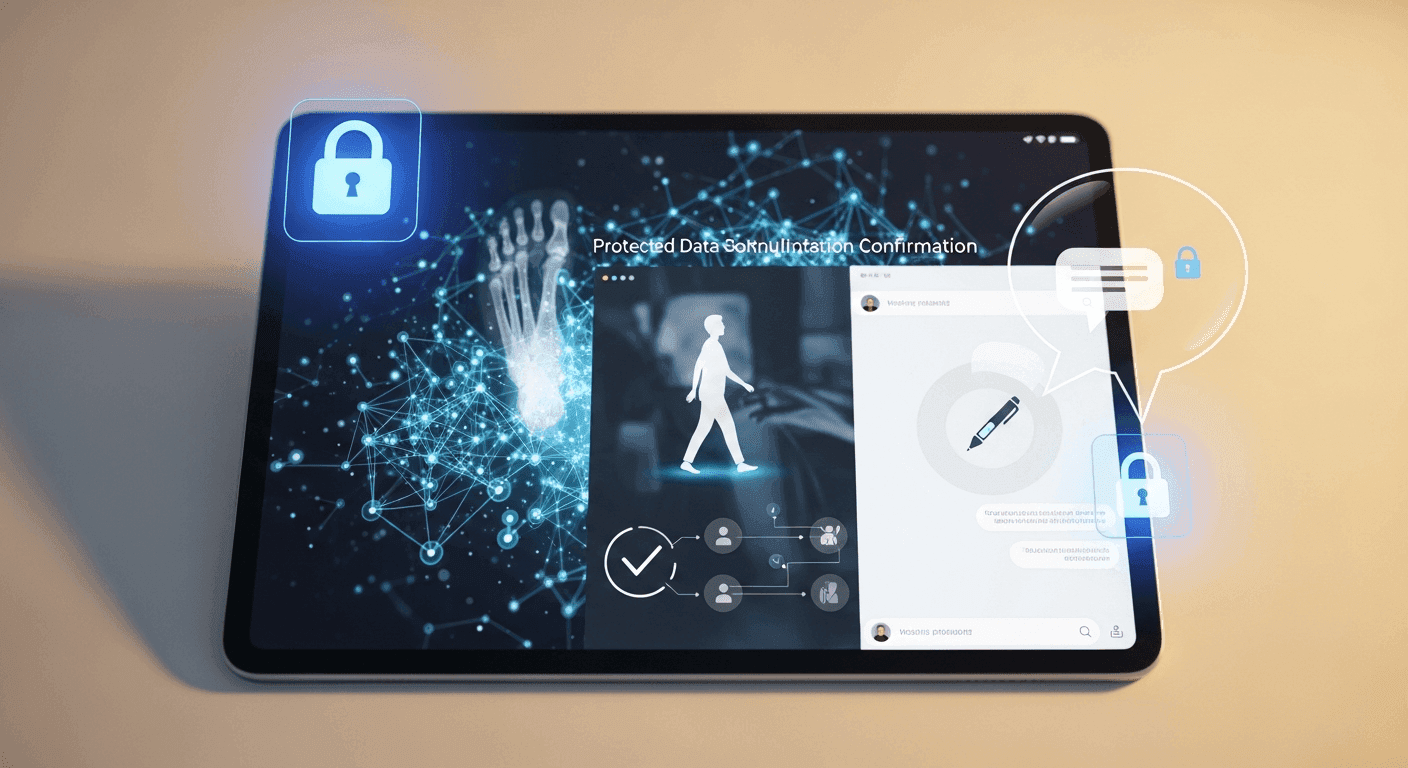 Tablet with comment and lock icons beside a compliance folder on a podiatry reception desk