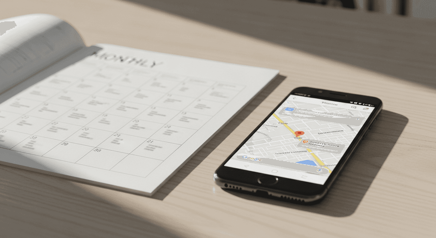 Google Maps listing on phone beside a monthly social media calendar on a podiatry clinic desk