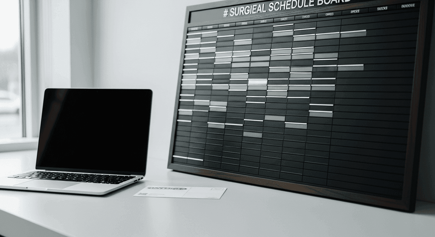Full surgical schedule beside unverified Google postcard on a podiatry clinic front desk