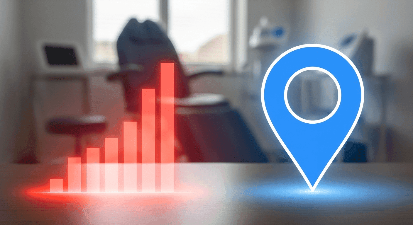 Boosted post metrics fading beside a glowing Google Maps pin on a podiatry clinic desk