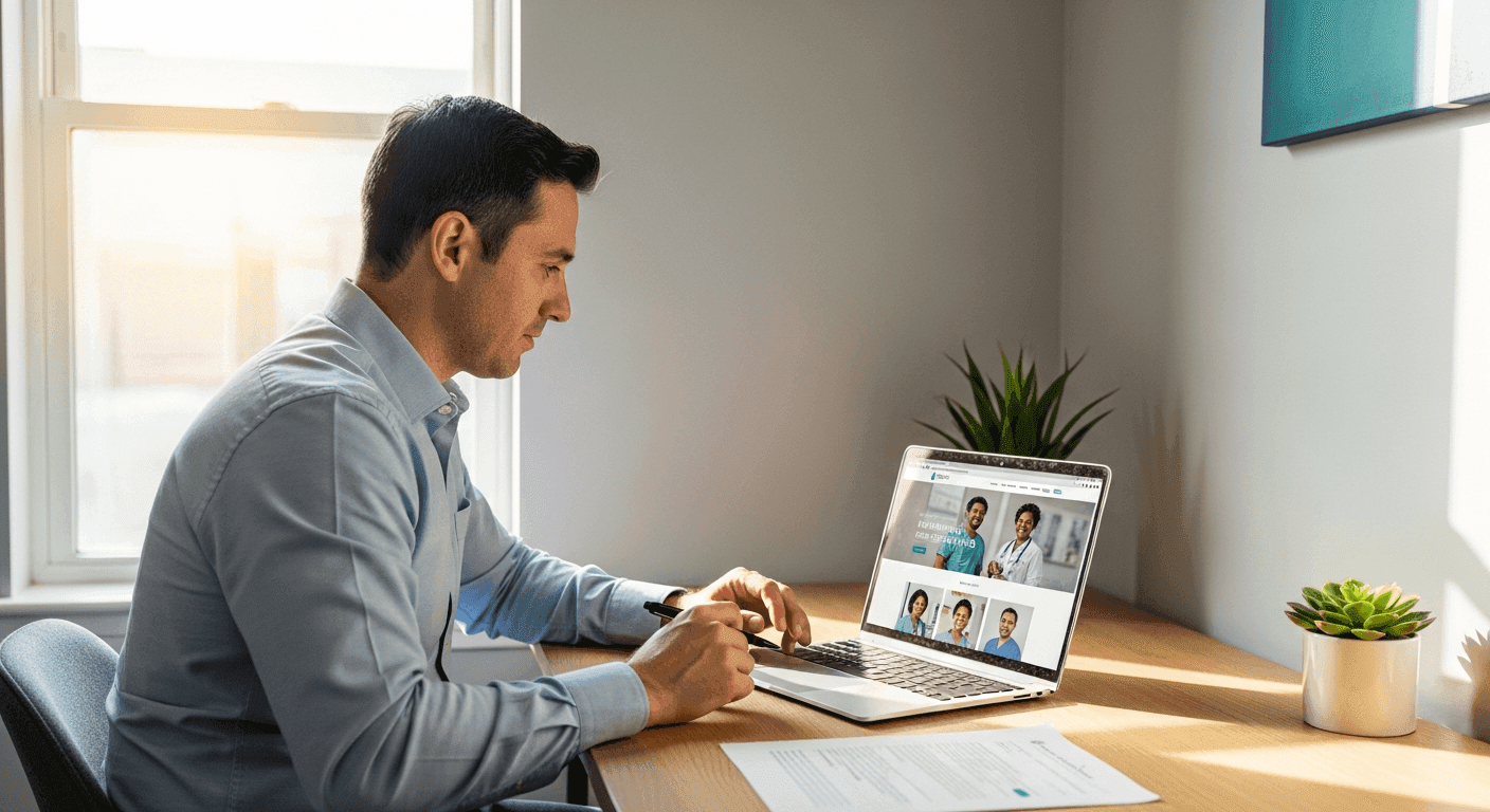 Solo physician reviewing a clean medical practice website on a laptop in a small clinic office