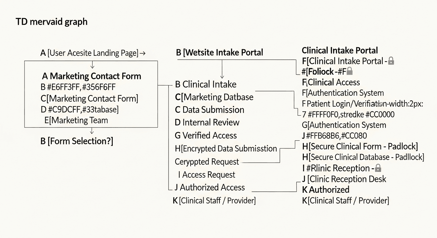 Diagram separating marketing contact forms from secure clinical intake on a solo practice website