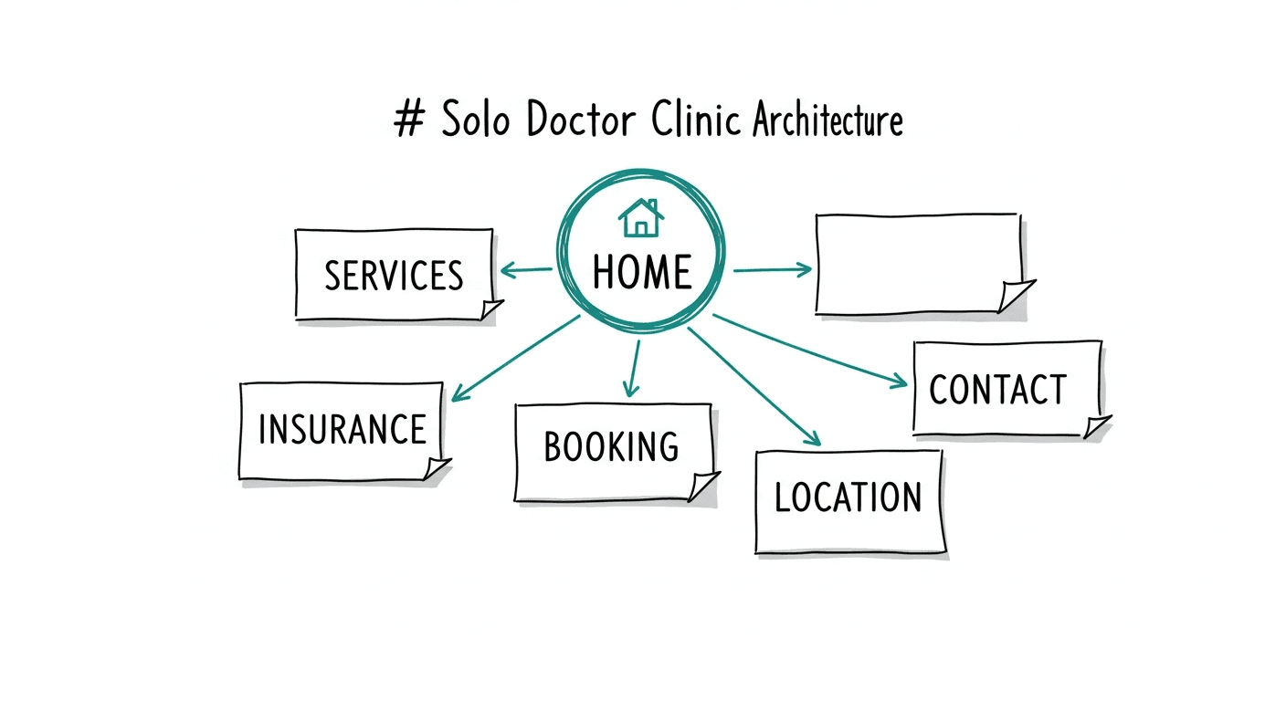 Essential page list for a solo physician website: home, services, booking, contact, and location