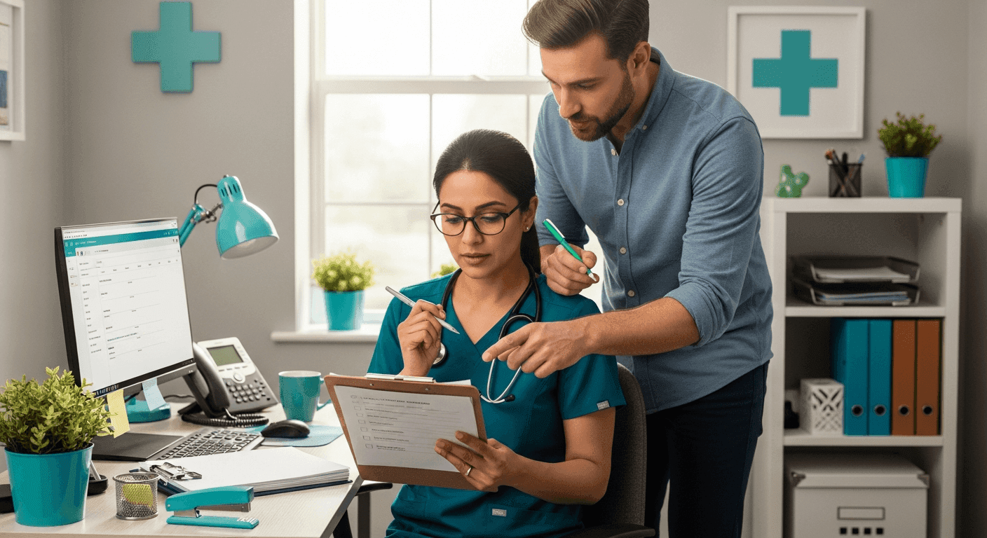 Solo physician team reviewing a checklist before hiring outside website help