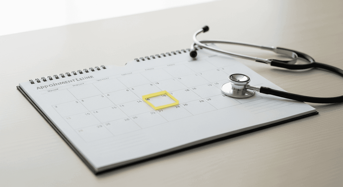 Clinic appointment calendar with one empty highlighted slot beside a stethoscope on a medical office desk