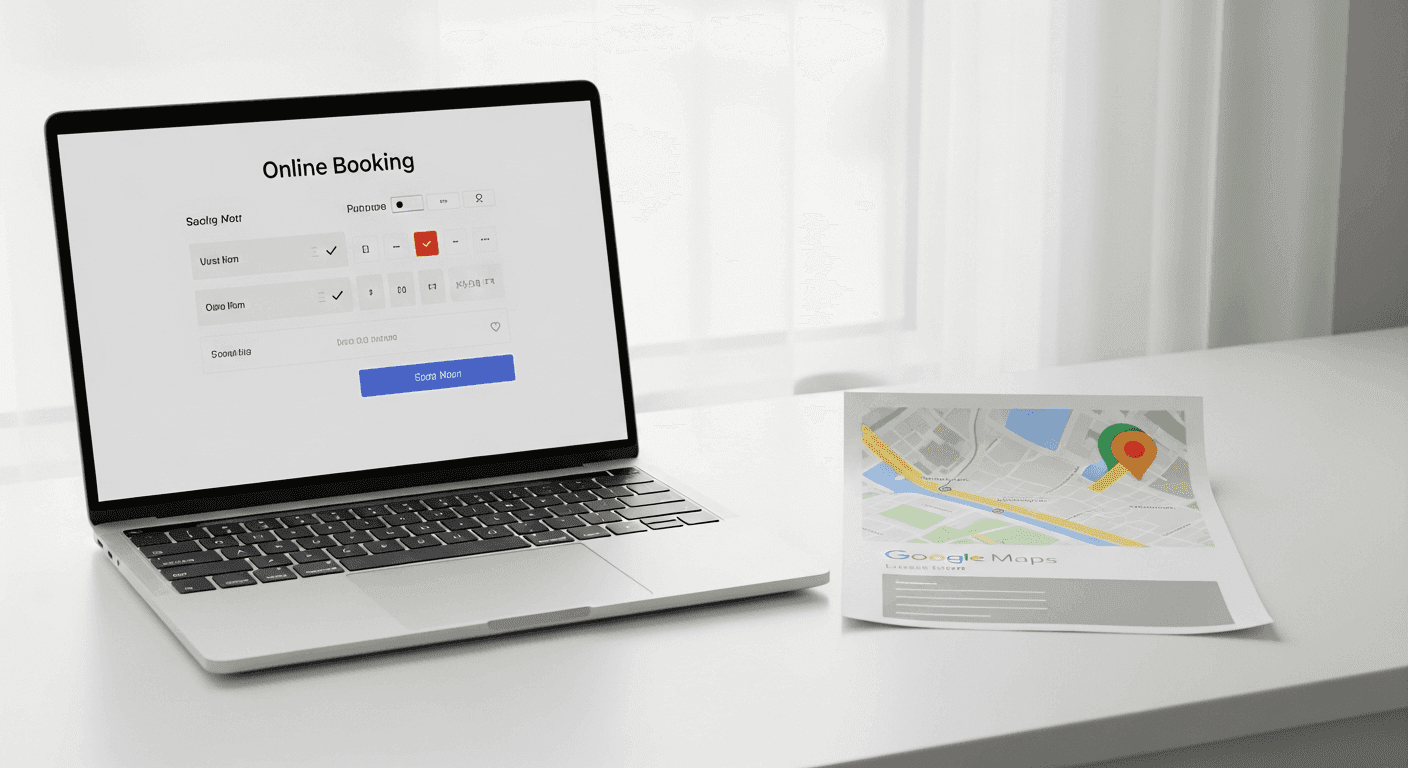 Laptop showing online booking form beside Google Maps listing printout on a clinic desk
