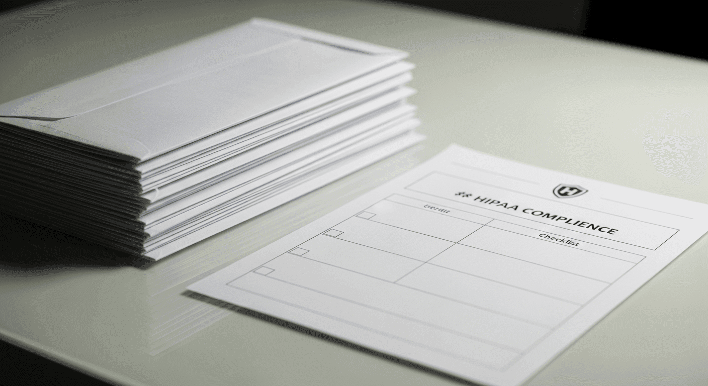 Stack of patient recall letter envelopes beside HIPAA compliance checklist on a medical office desk
