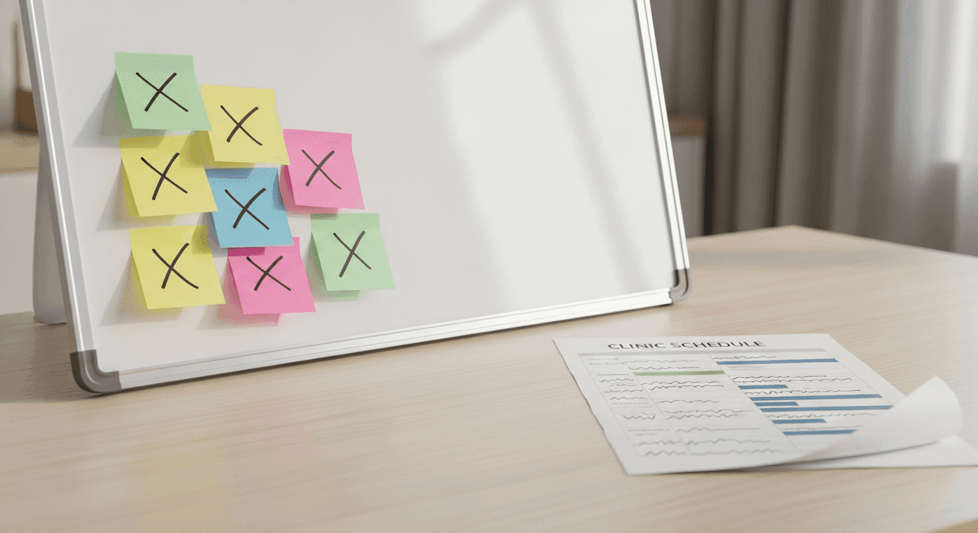Whiteboard diagram of canceled appointment sticky notes beside a clinic schedule printout on a desk