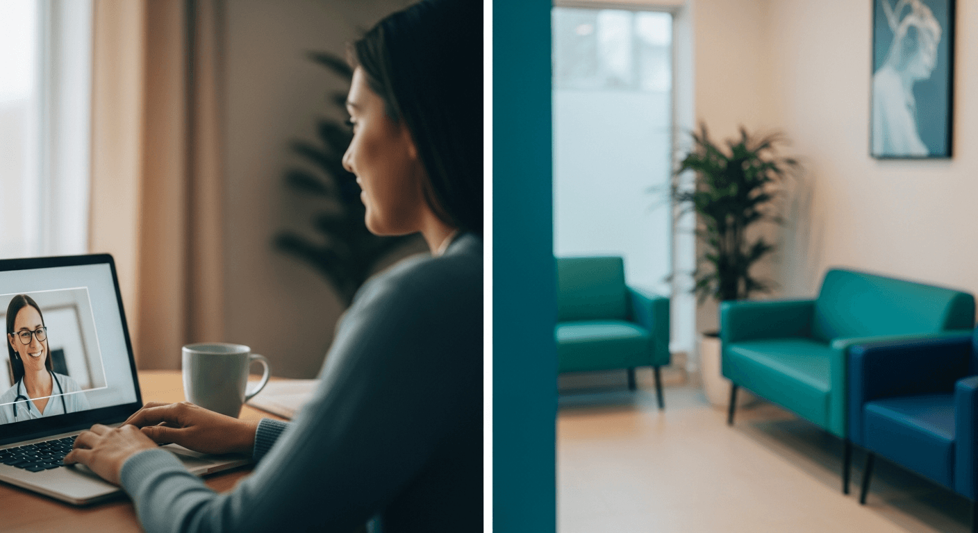 Patient choosing between a laptop telehealth visit and an in-person clinic visit