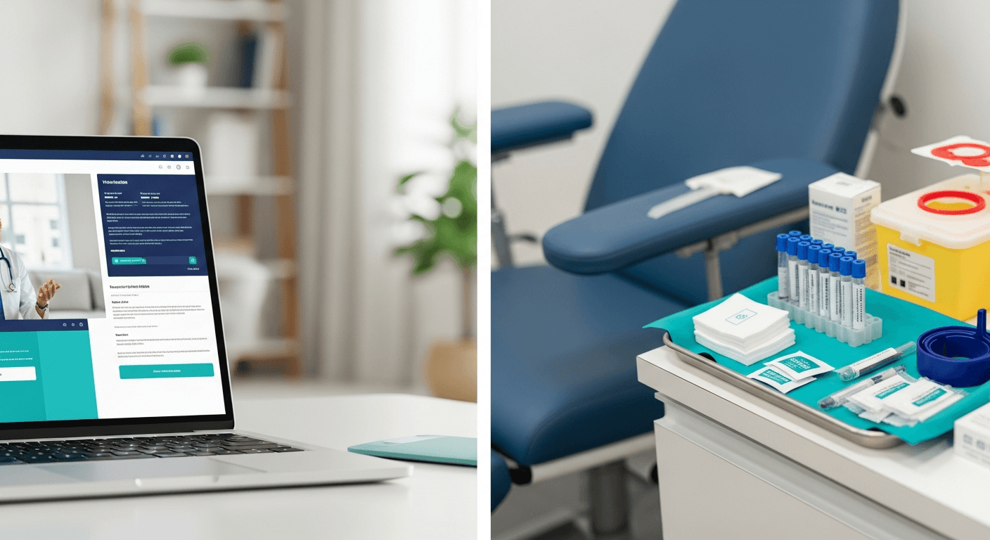 Split view of home telehealth screen and patient visiting a lab for blood work
