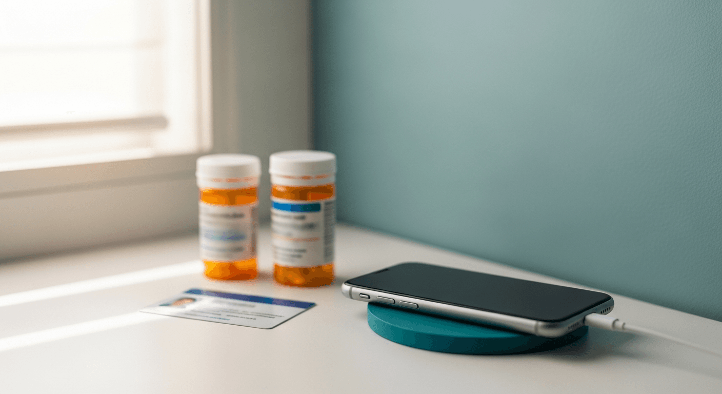 Patient preparing a private corner for telehealth with phone charger medications and ID