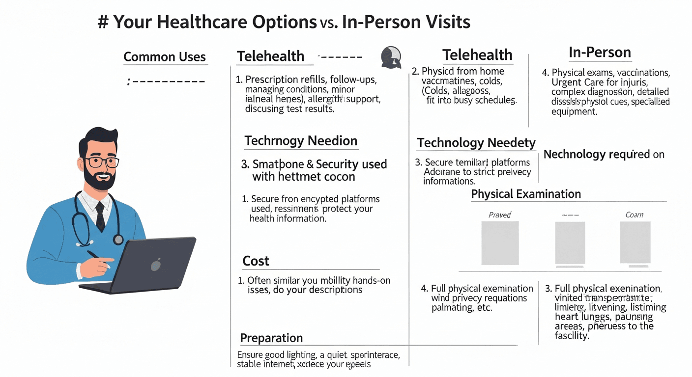 FAQ sheet comparing telehealth and in-person visit checklists for patients