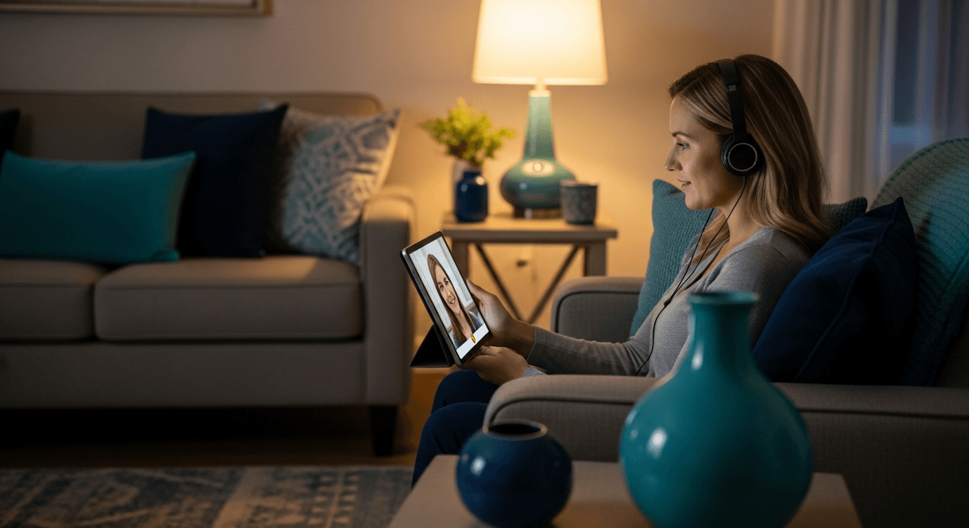 Patient at home on a video call with a clinician using a tablet and headphones