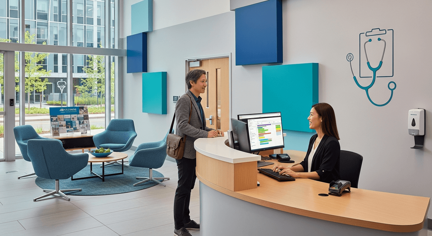 Patient checking in at a clinic reception desk for an in-person medical appointment