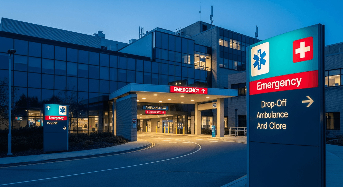 Emergency department entrance with clear signage for urgent in-person care