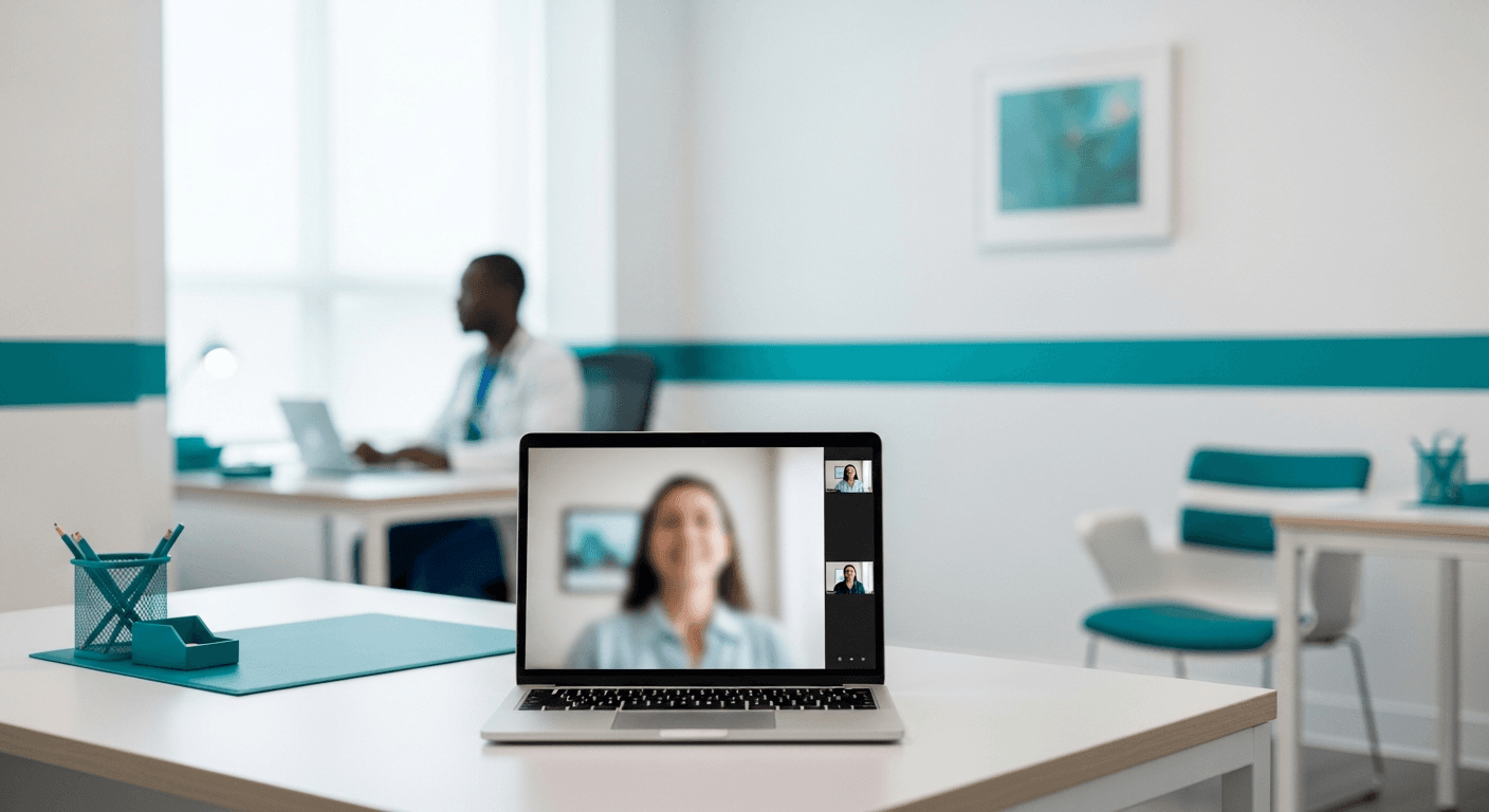 Laptop with calm telehealth video session on screen in a bright clinic office