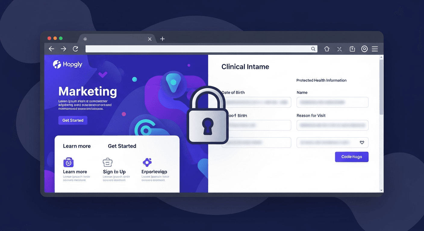 Lock icon and form fields separated into marketing versus clinical intake on a website